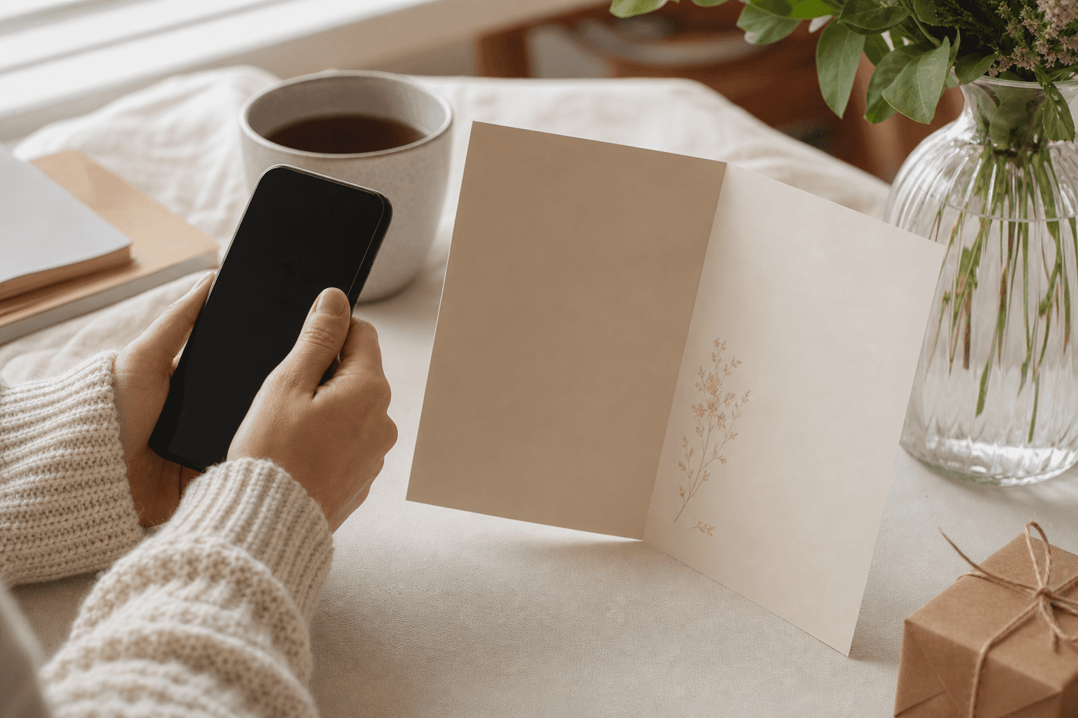 Person sharing a thoughtful written wish on a phone and card